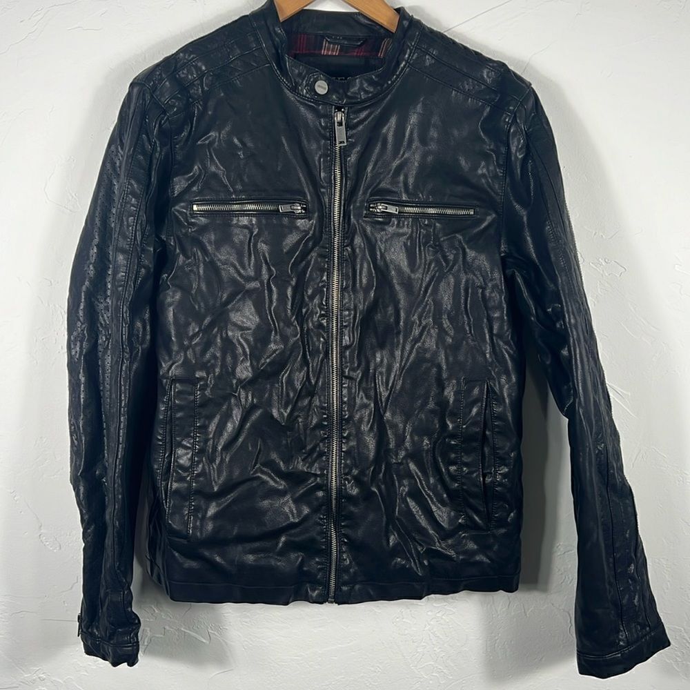 🔥 Guess Faux Leather Bomber Mens Biker Motorcycle Plaid Lined Jacket - Sz S